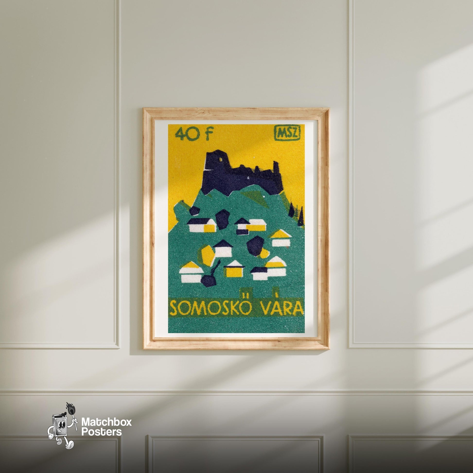 Castle on Hill - vintage matchbox label print - bedroom mockup