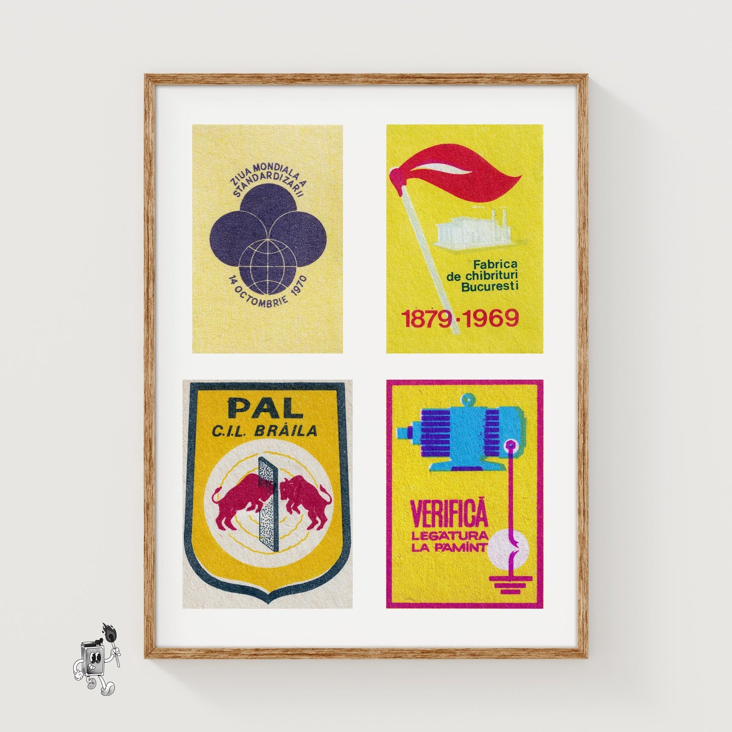 Yellow Romanians Grid Print - vintage matchbox label print