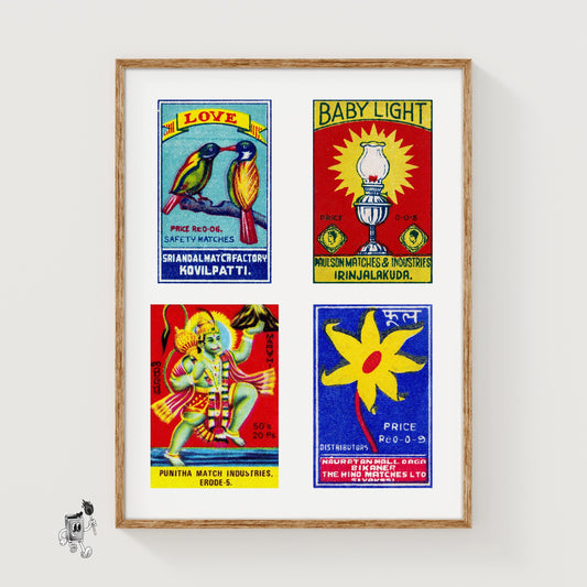 Yellow Indians Grid Print - vintage matchbox label print
