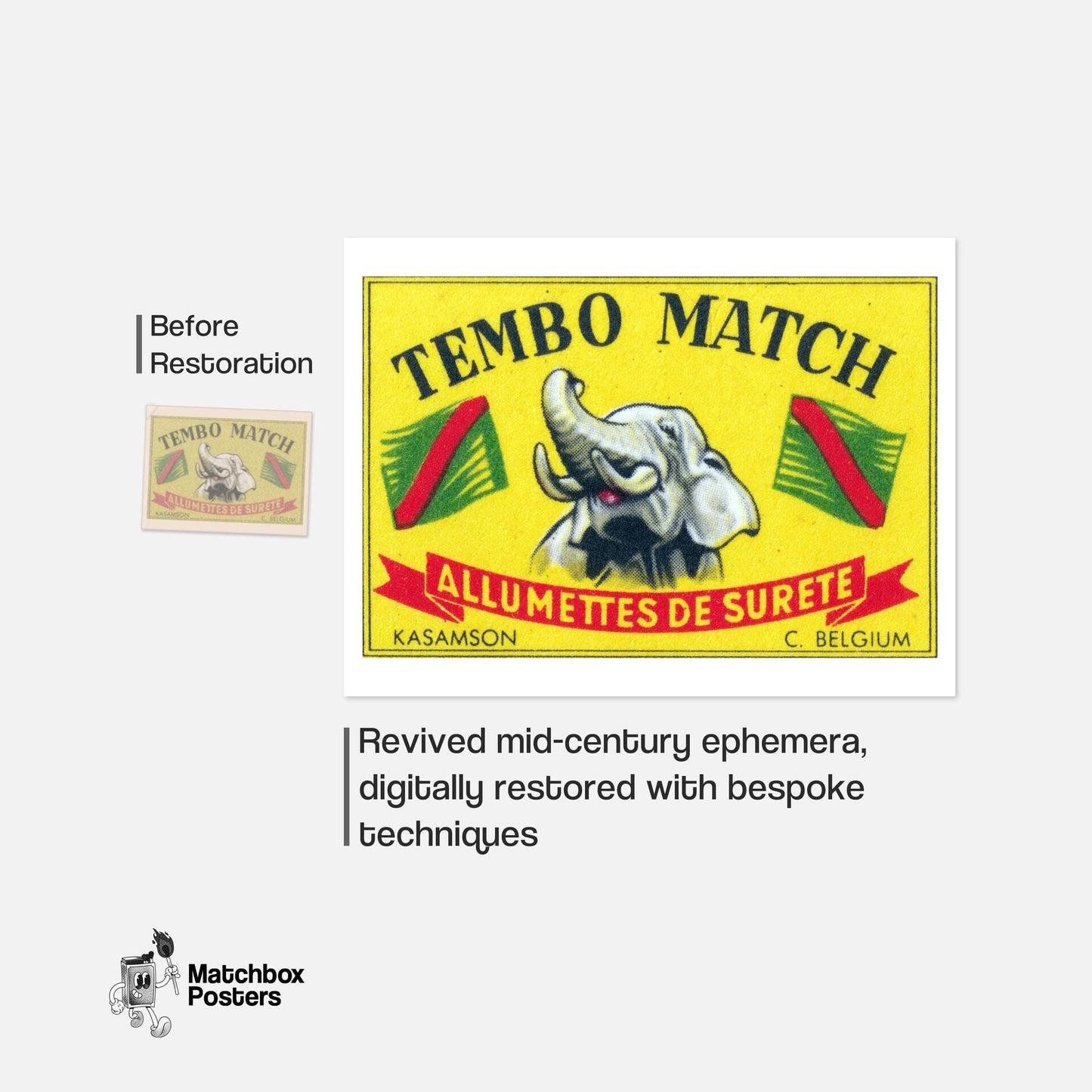 Elephant - vintage matchbox label print - framed wall art preview