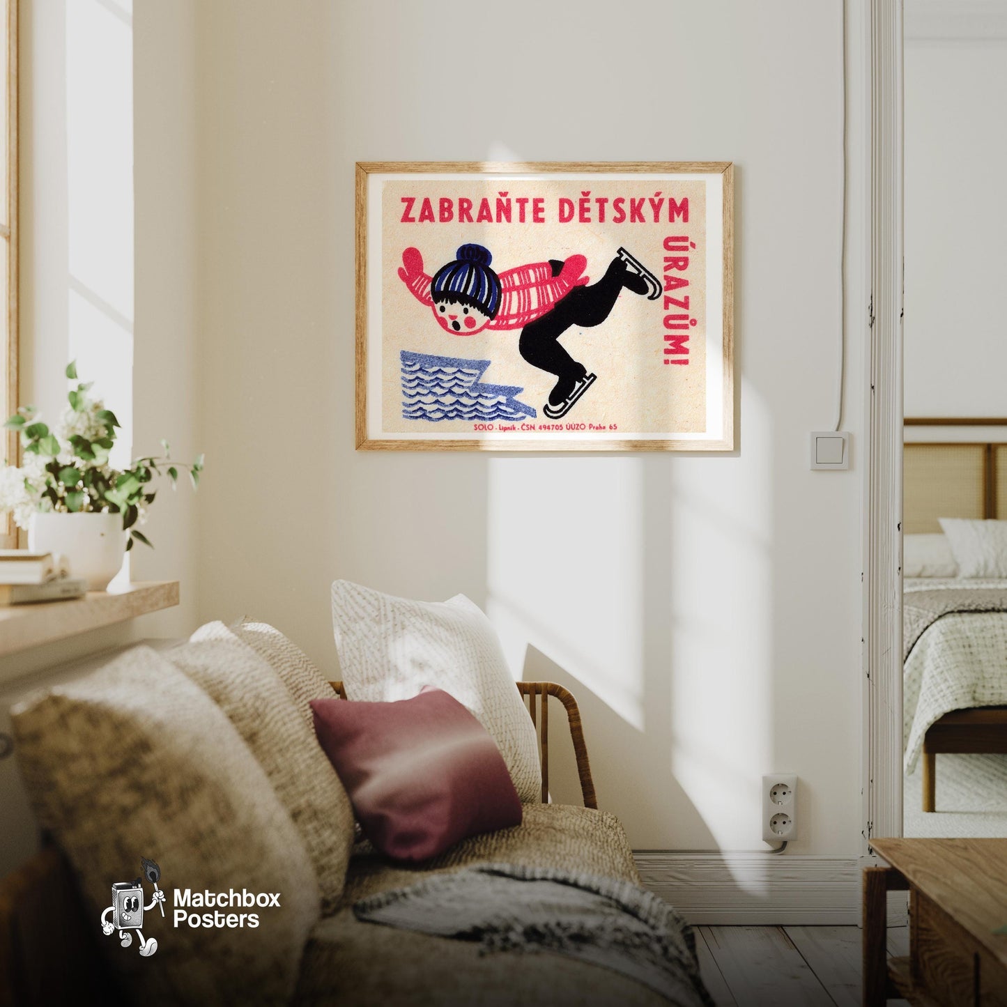 Child Ice Skating - vintage matchbox label print - living room mockup
