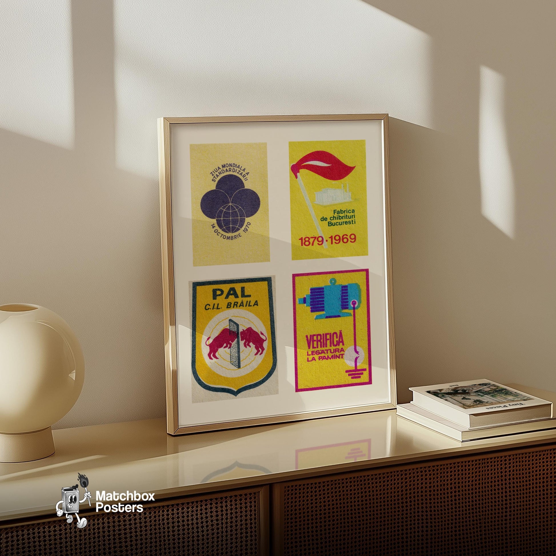 Yellow Romanians Grid Print - vintage matchbox label print - bedroom mockup
