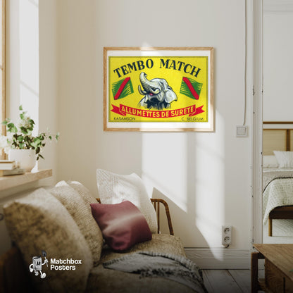 Elephant - vintage matchbox label print - living room mockup
