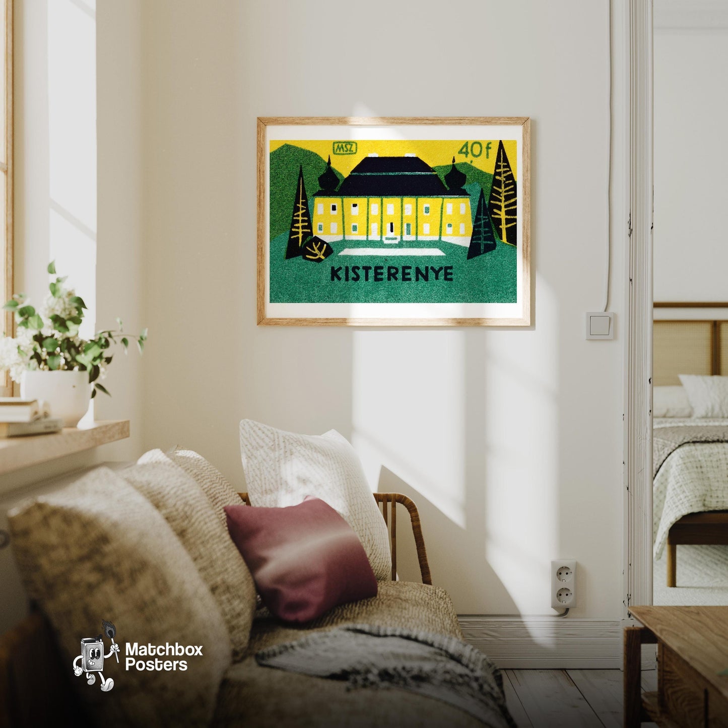 Forest Hotel - vintage matchbox label print - living room mockup