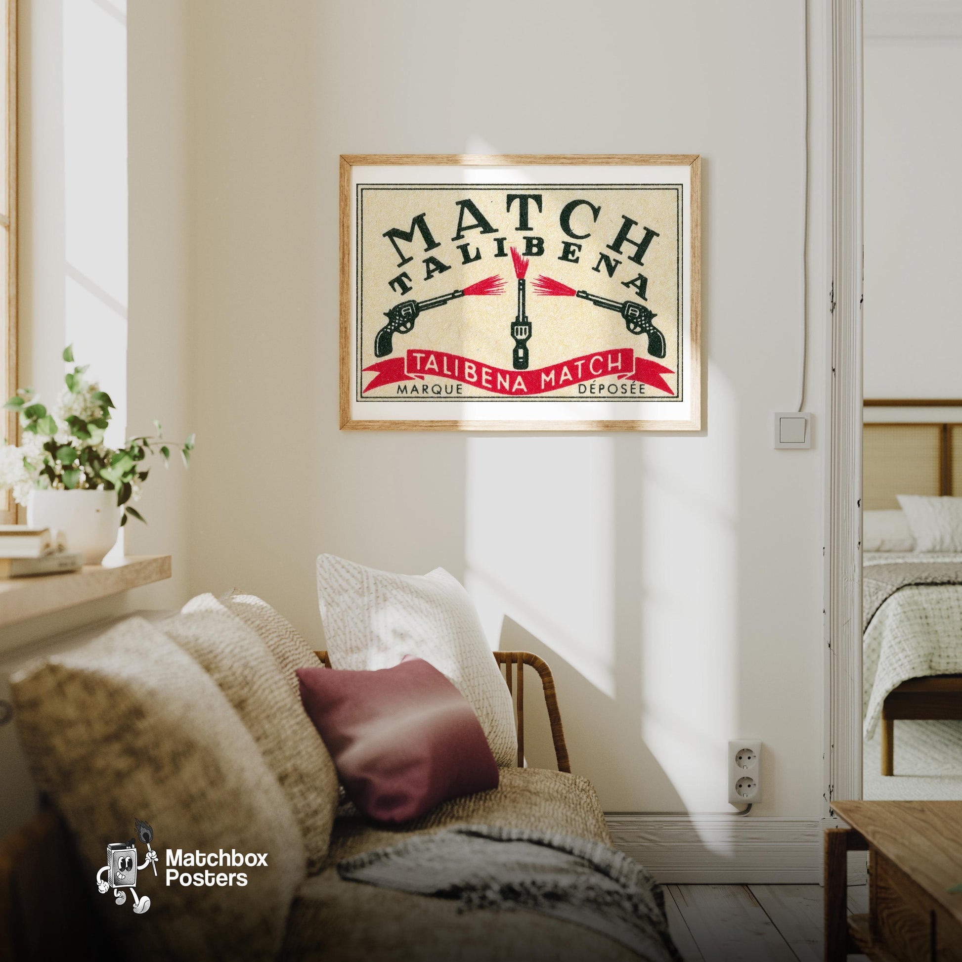 Three Pistols - vintage matchbox label print - living room mockup