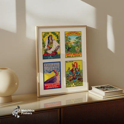 Yellow Swedishs Grid Print - vintage matchbox label print - bedroom mockup