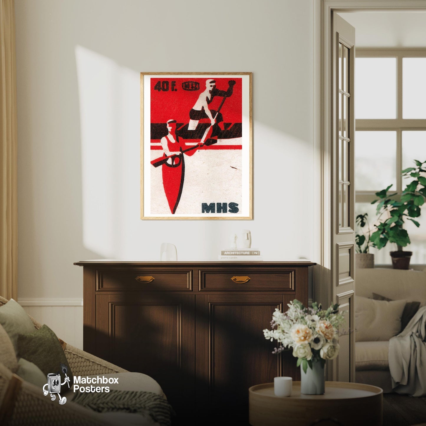 Two Rowers - vintage matchbox label print - living room mockup