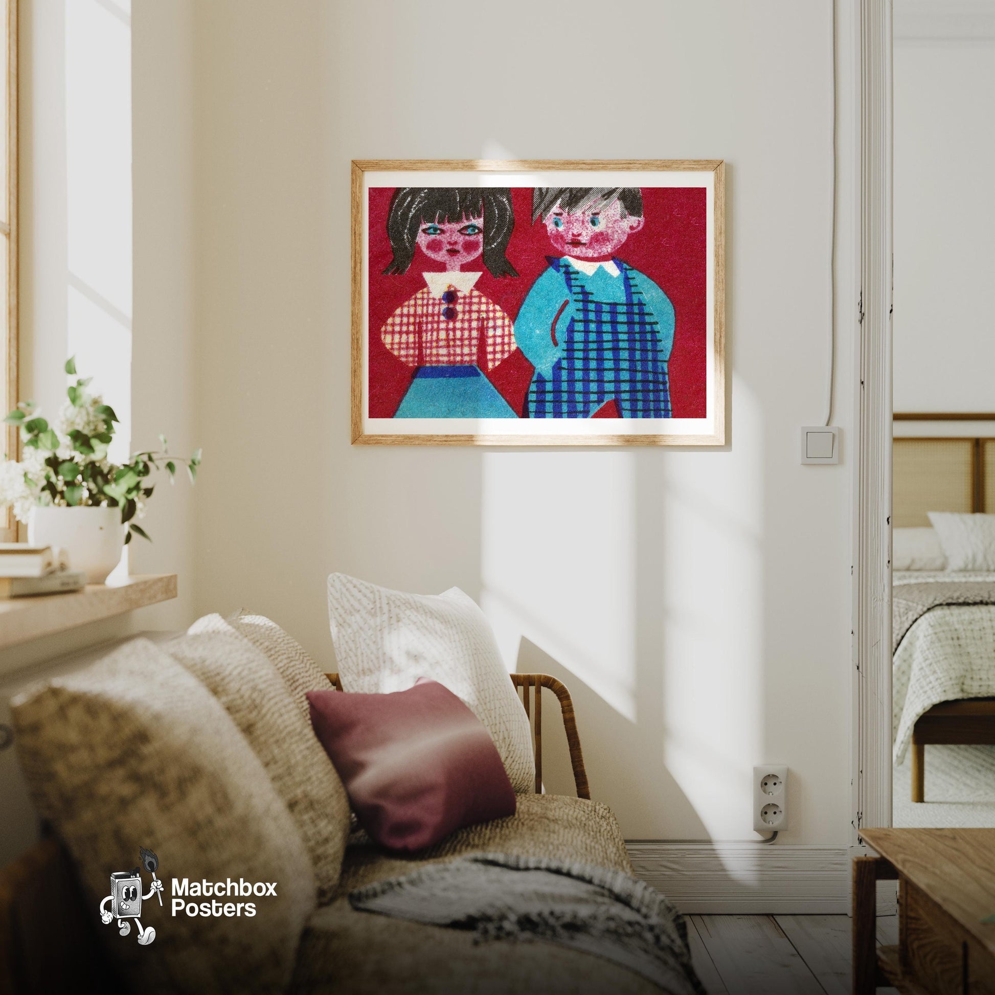 Children - vintage matchbox label print - living room mockup