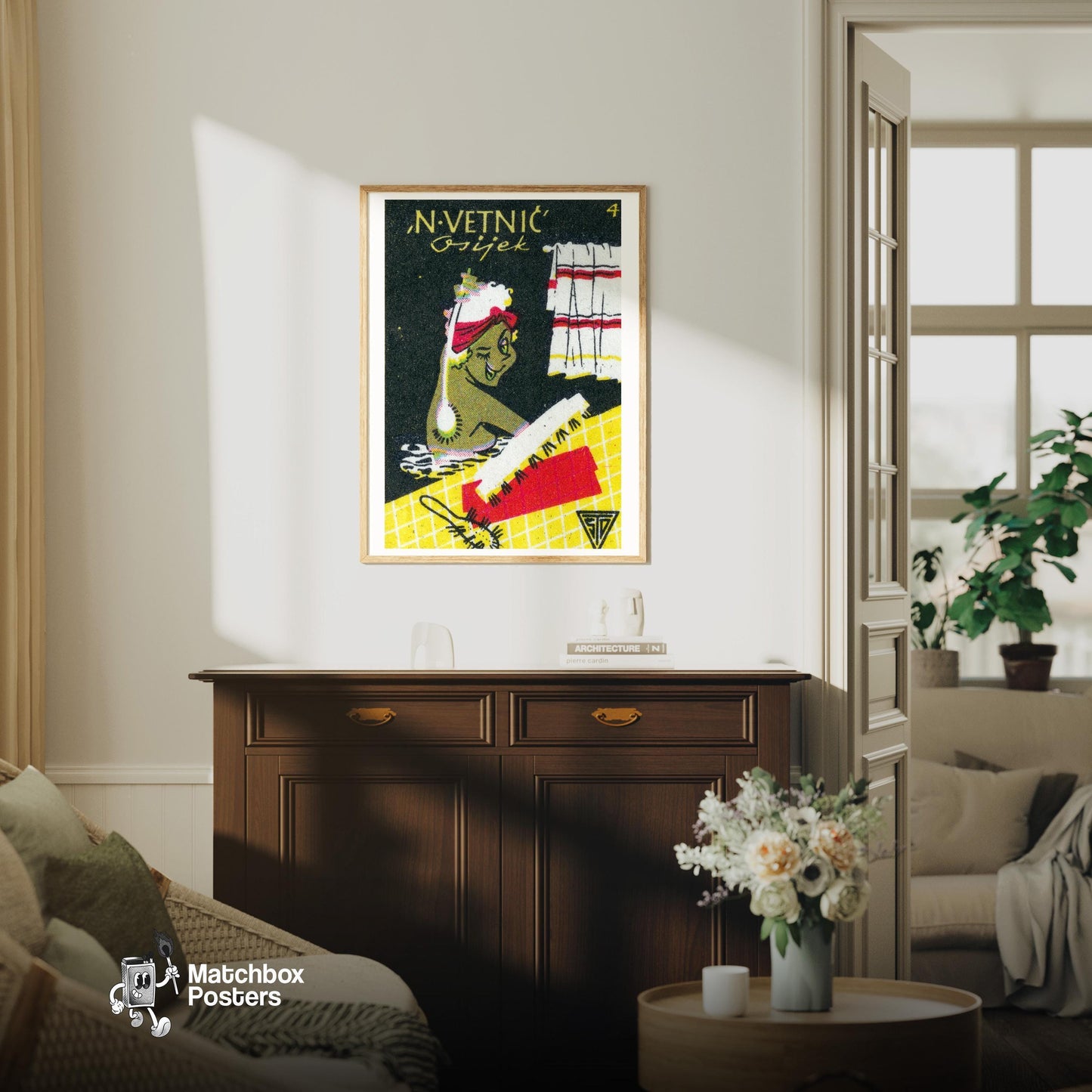 Woman Bathing - vintage matchbox label print - living room mockup