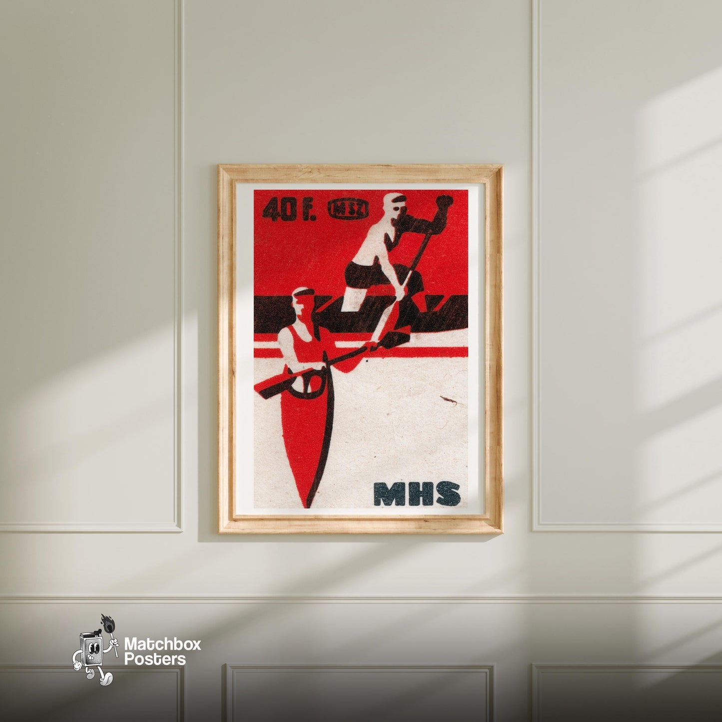 Two Rowers - vintage matchbox label print - bedroom mockup