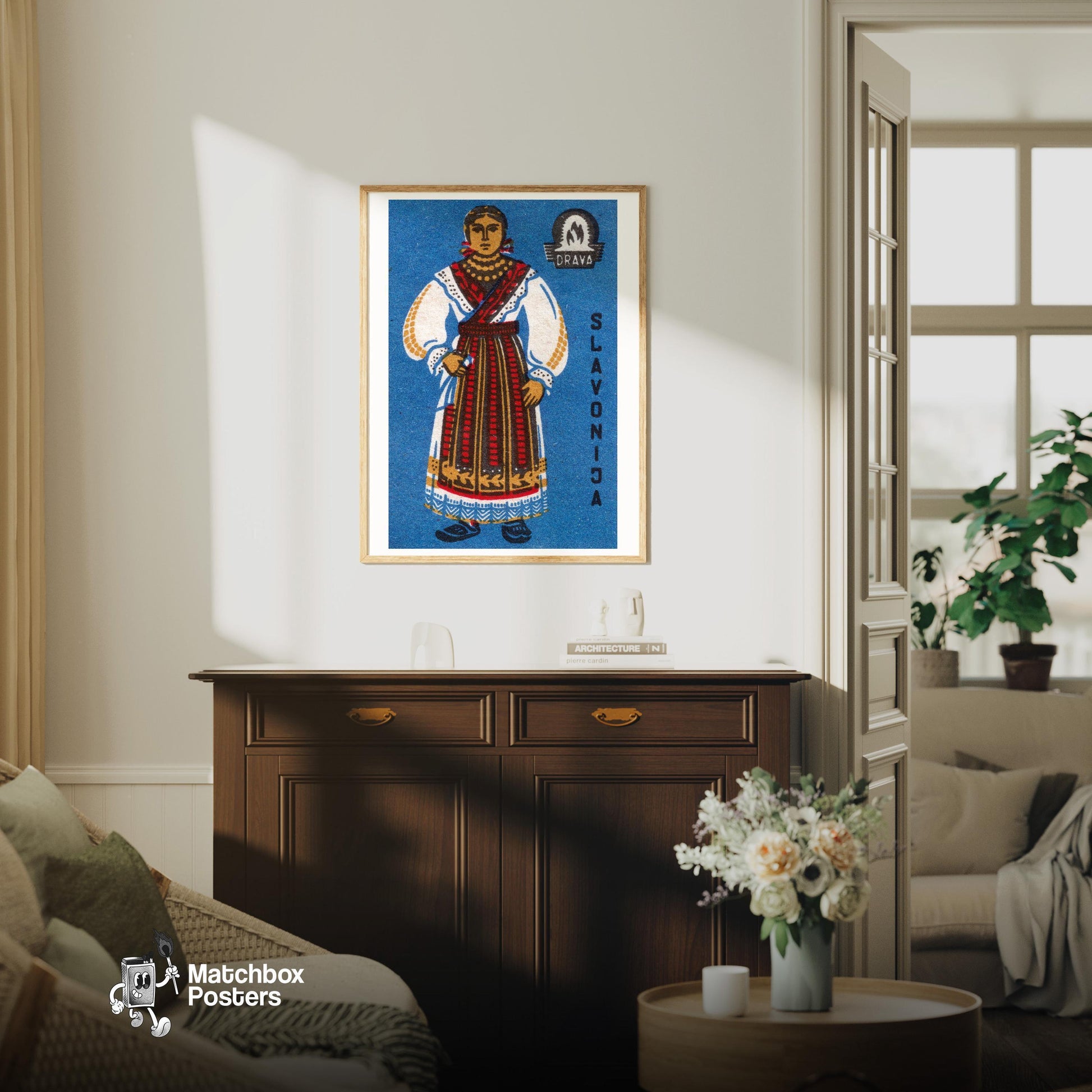 Slavonija Woman - vintage matchbox label print - living room mockup
