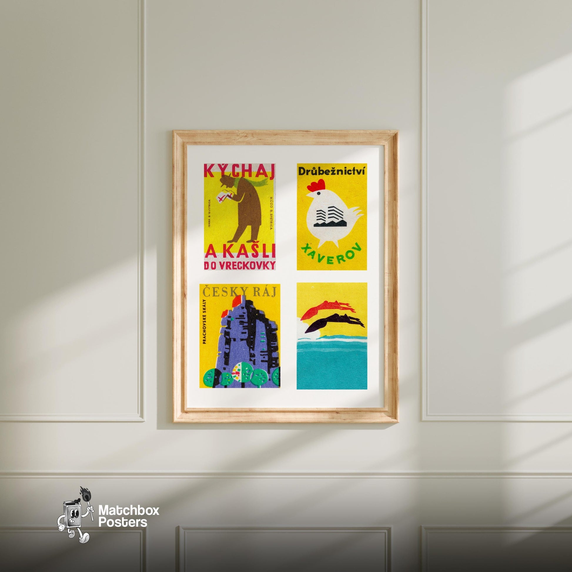 Yellow Czechoslovaks Grid Print - vintage matchbox label print - living room mockup