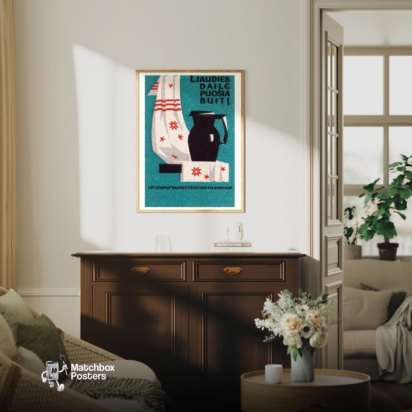 Black Pitcher - vintage matchbox label print - living room mockup