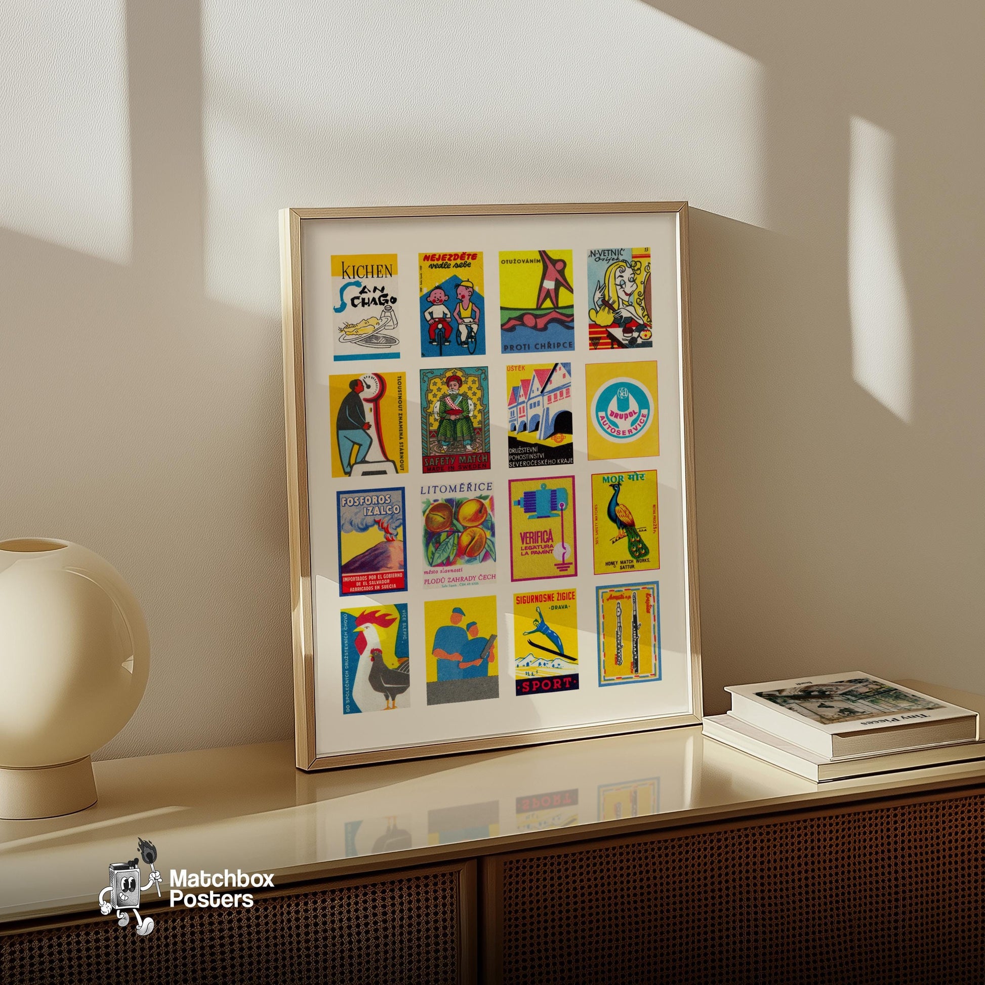 Yellow and Blue Collage - vintage matchbox label print - bedroom mockup