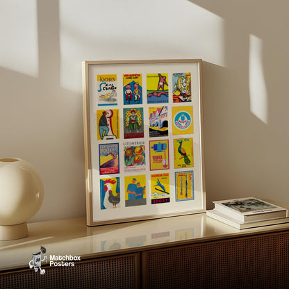 Yellow and Blue Collage - vintage matchbox label print - bedroom mockup