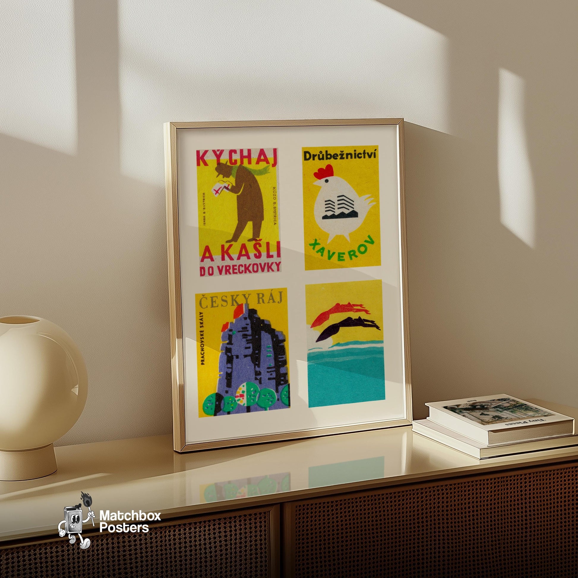 Yellow Czechoslovaks Grid Print - vintage matchbox label print - bedroom mockup