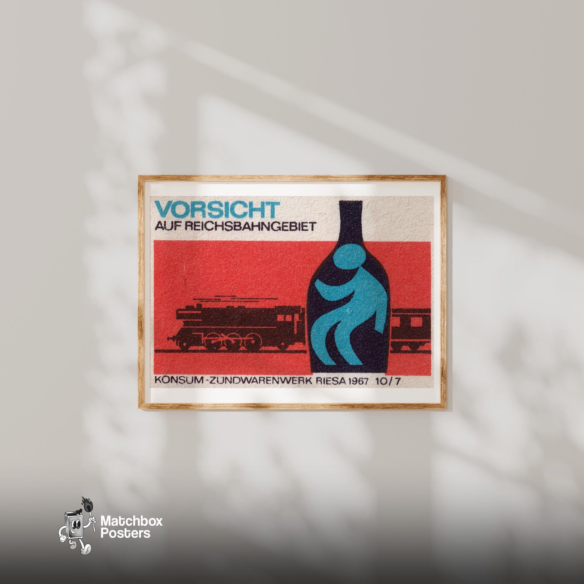 Train Silhouette - vintage matchbox label print - bedroom mockup