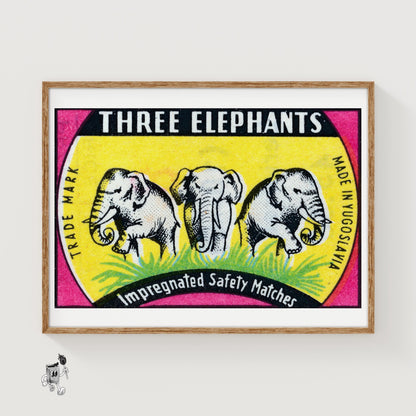 Three Elephants - vintage matchbox label print