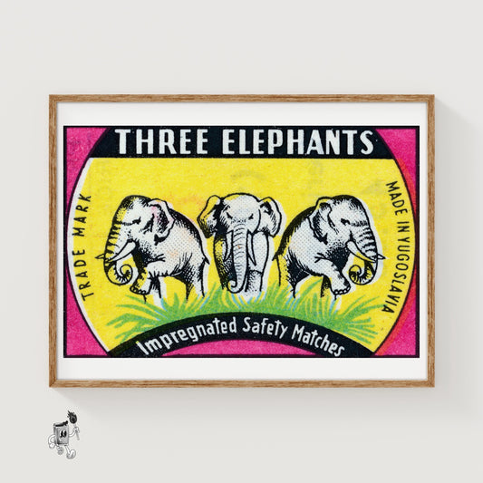 Three Elephants - vintage matchbox label print