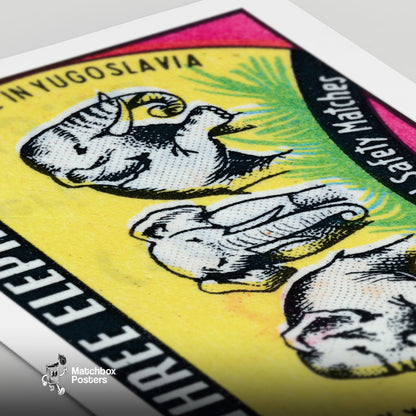 Three Elephants - vintage matchbox label print - close-up detail
