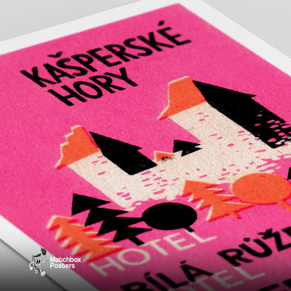 Pink Mountain Hotel - vintage matchbox label print - close-up detail