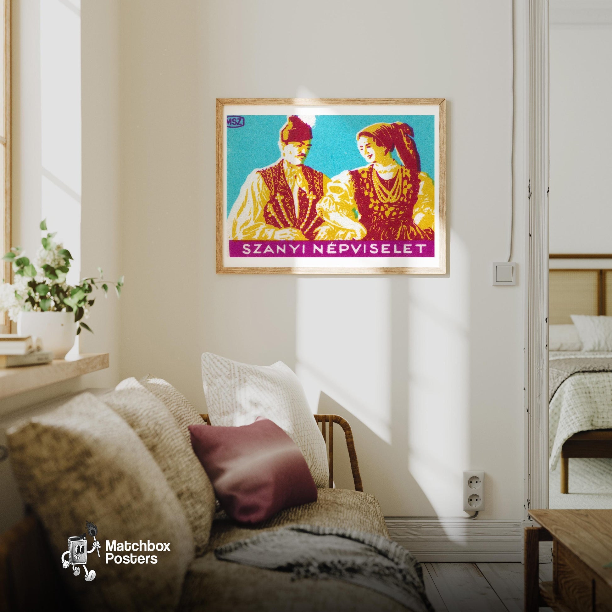 Hungarian Folk Costume - vintage matchbox label print - living room mockup