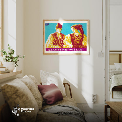 Hungarian Folk Costume - vintage matchbox label print - living room mockup