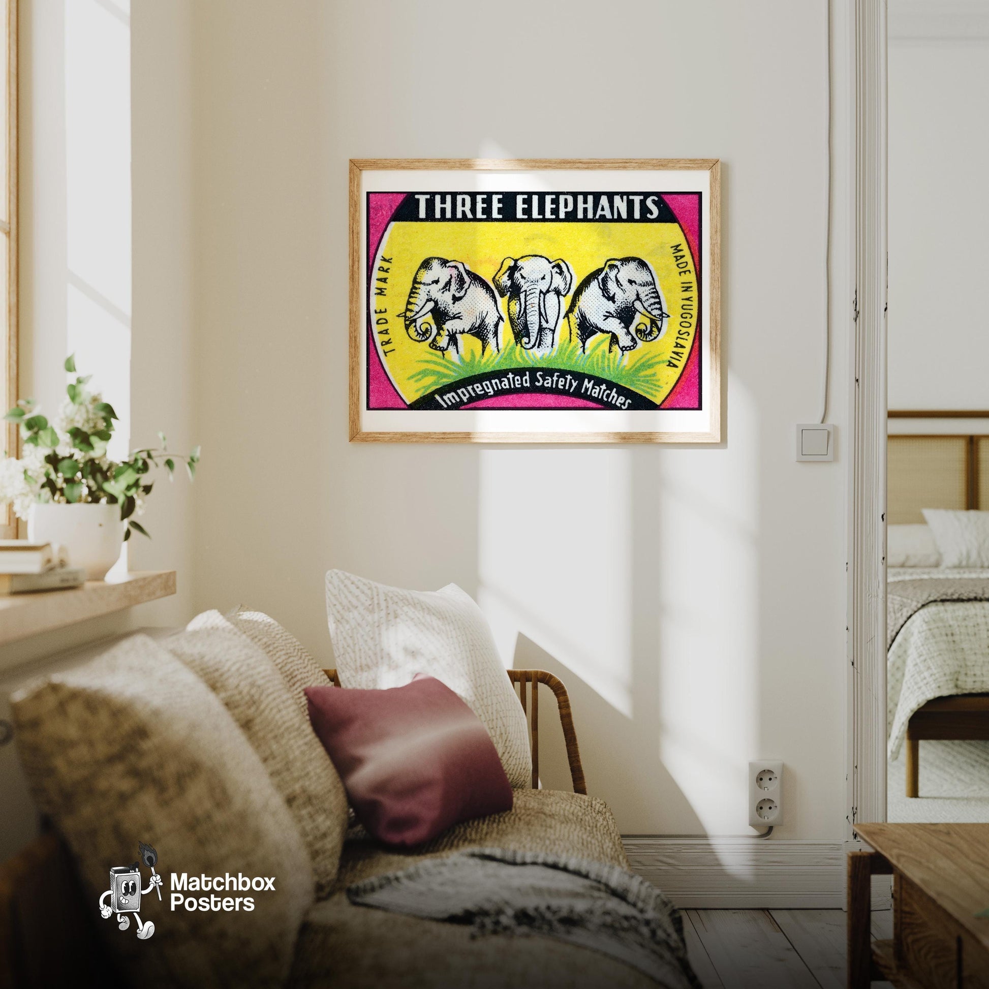 Three Elephants - vintage matchbox label print - living room mockup