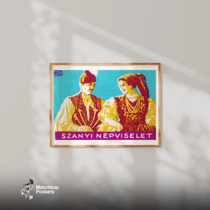 Hungarian Folk Costume - vintage matchbox label print - bedroom mockup