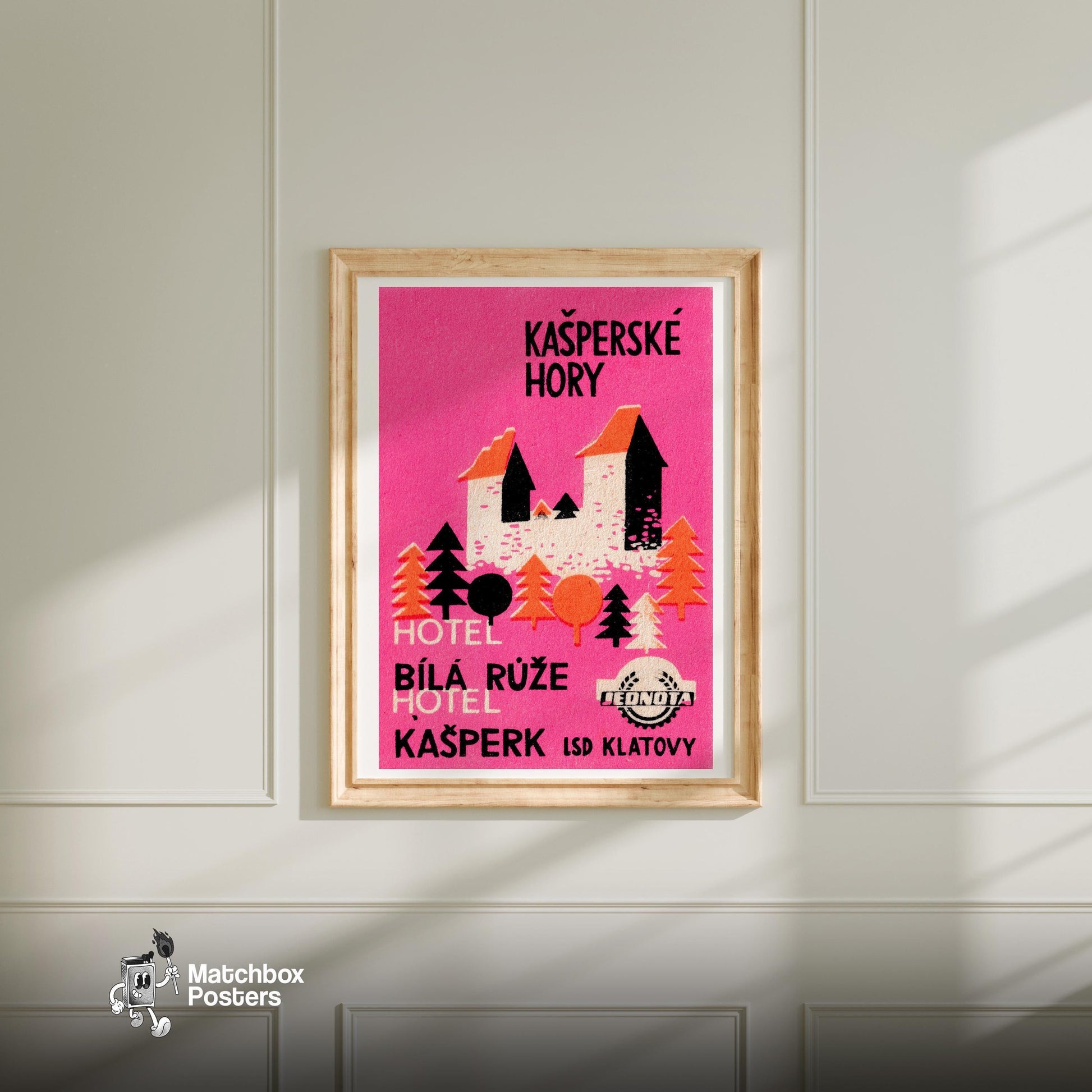 Pink Mountain Hotel - vintage matchbox label print - bedroom mockup