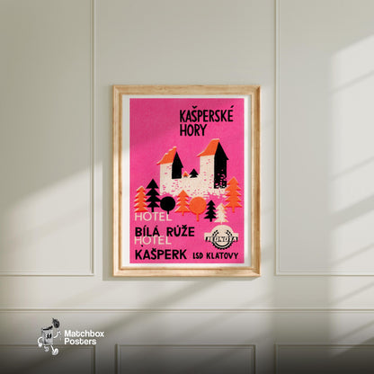Pink Mountain Hotel - vintage matchbox label print - bedroom mockup