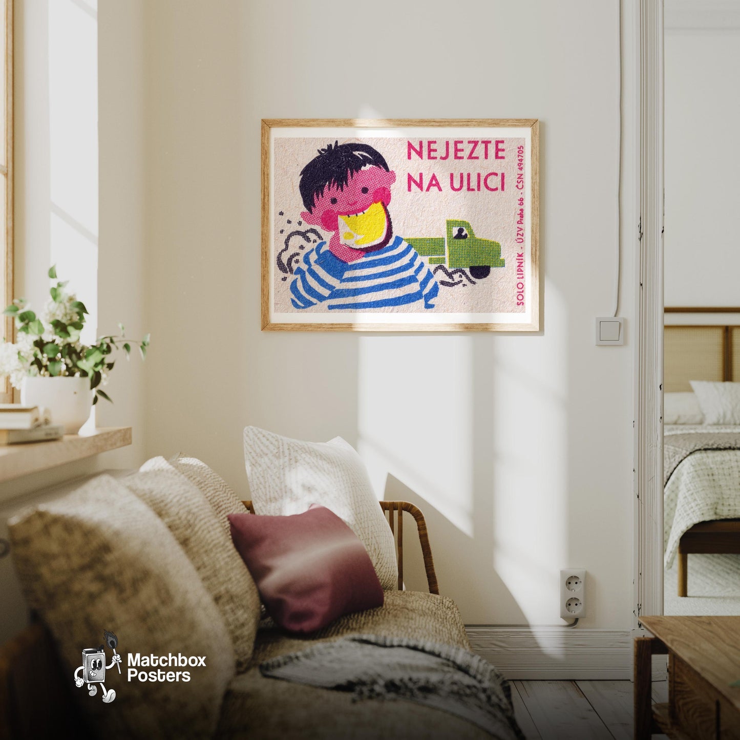 Cartoon Child - vintage matchbox label print - living room mockup