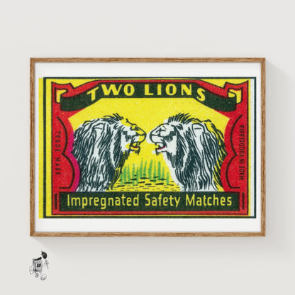 Two Lions - vintage matchbox label print