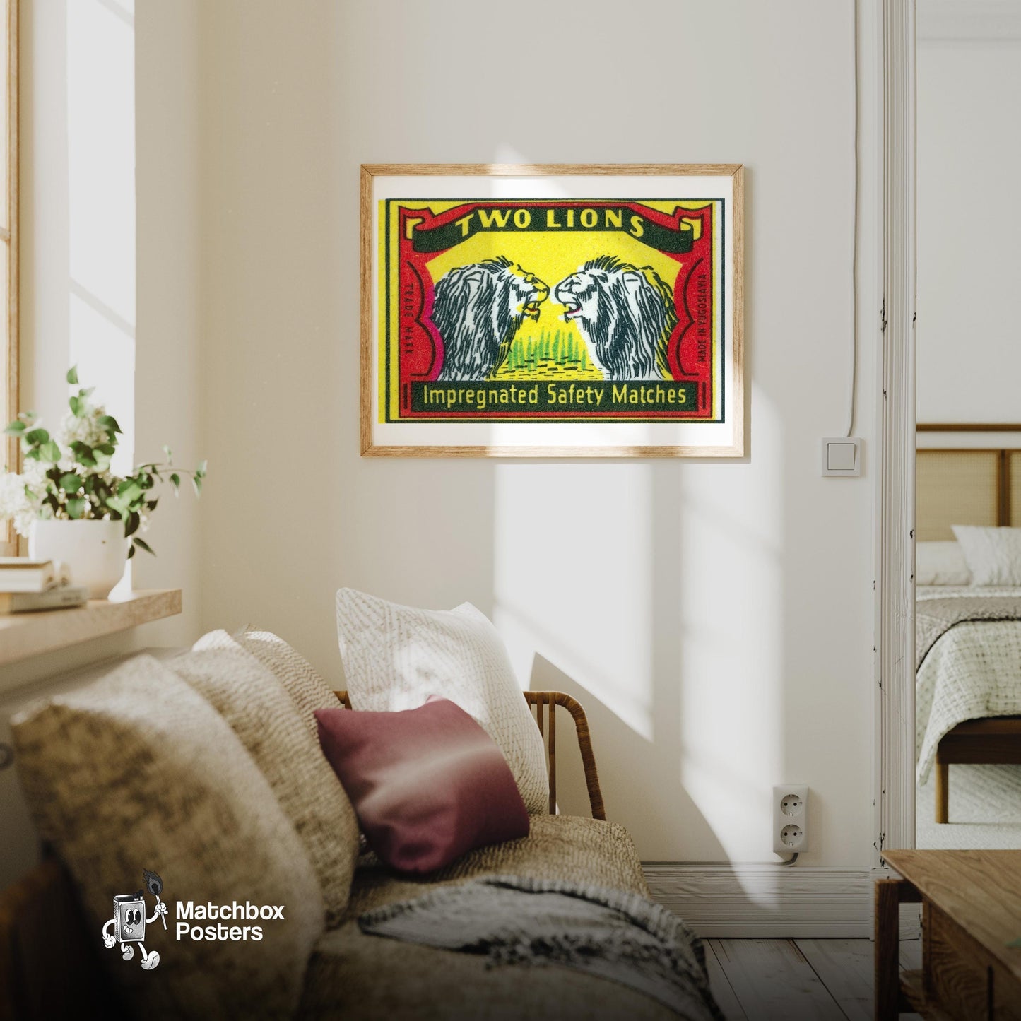 Two Lions - vintage matchbox label print - living room mockup