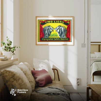 Two Lions - vintage matchbox label print - living room mockup