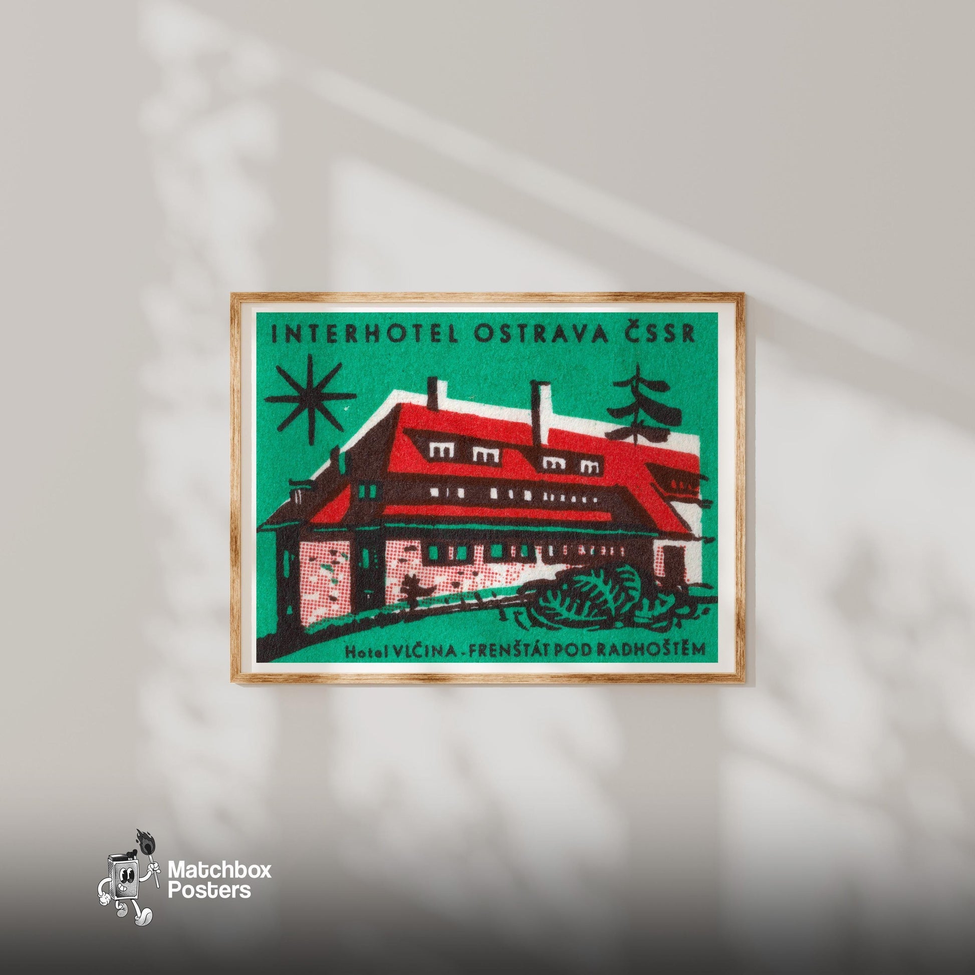 Hotel with Red Roof - vintage matchbox label print - bedroom mockup