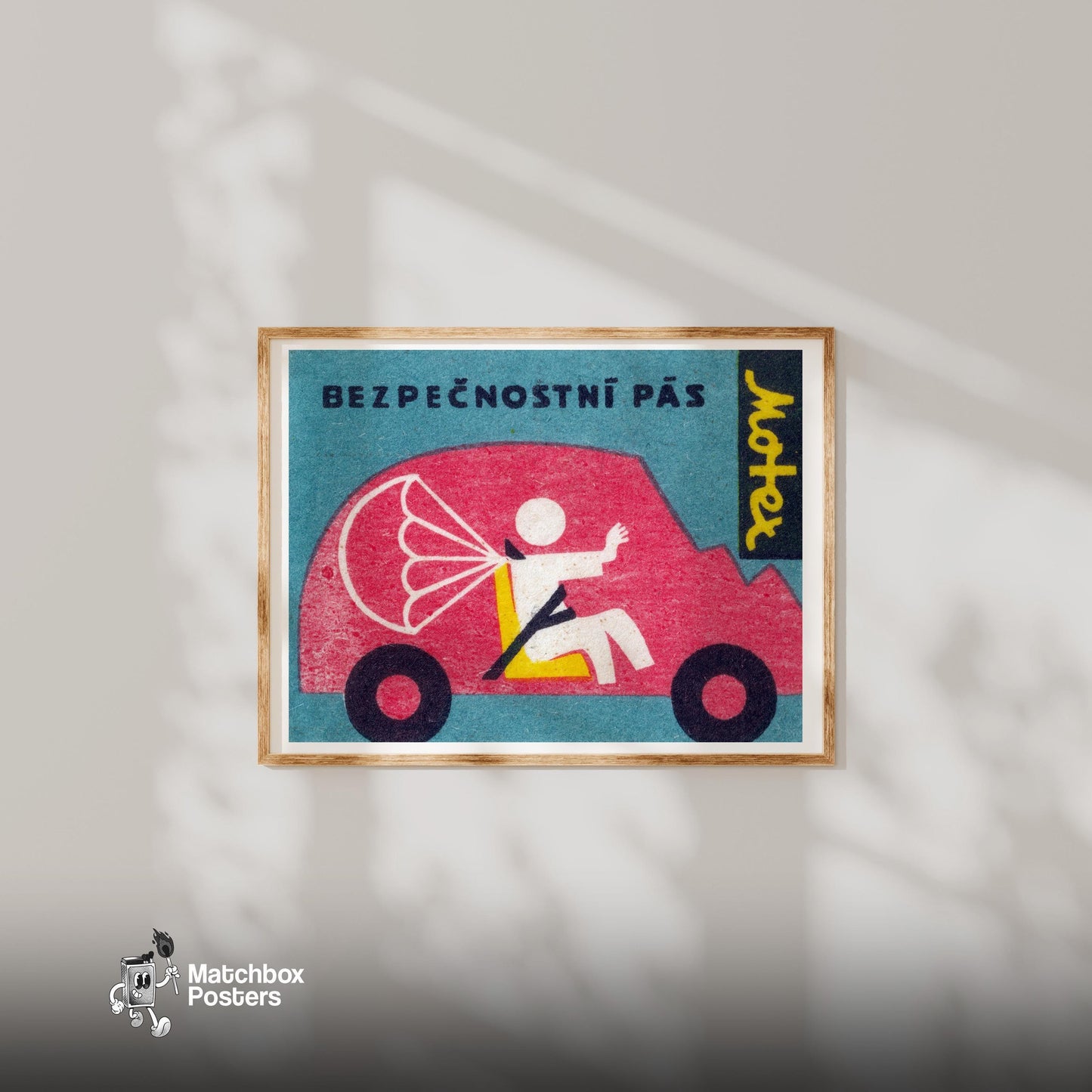 Seatbelt Safety Car - vintage matchbox label print - bedroom mockup