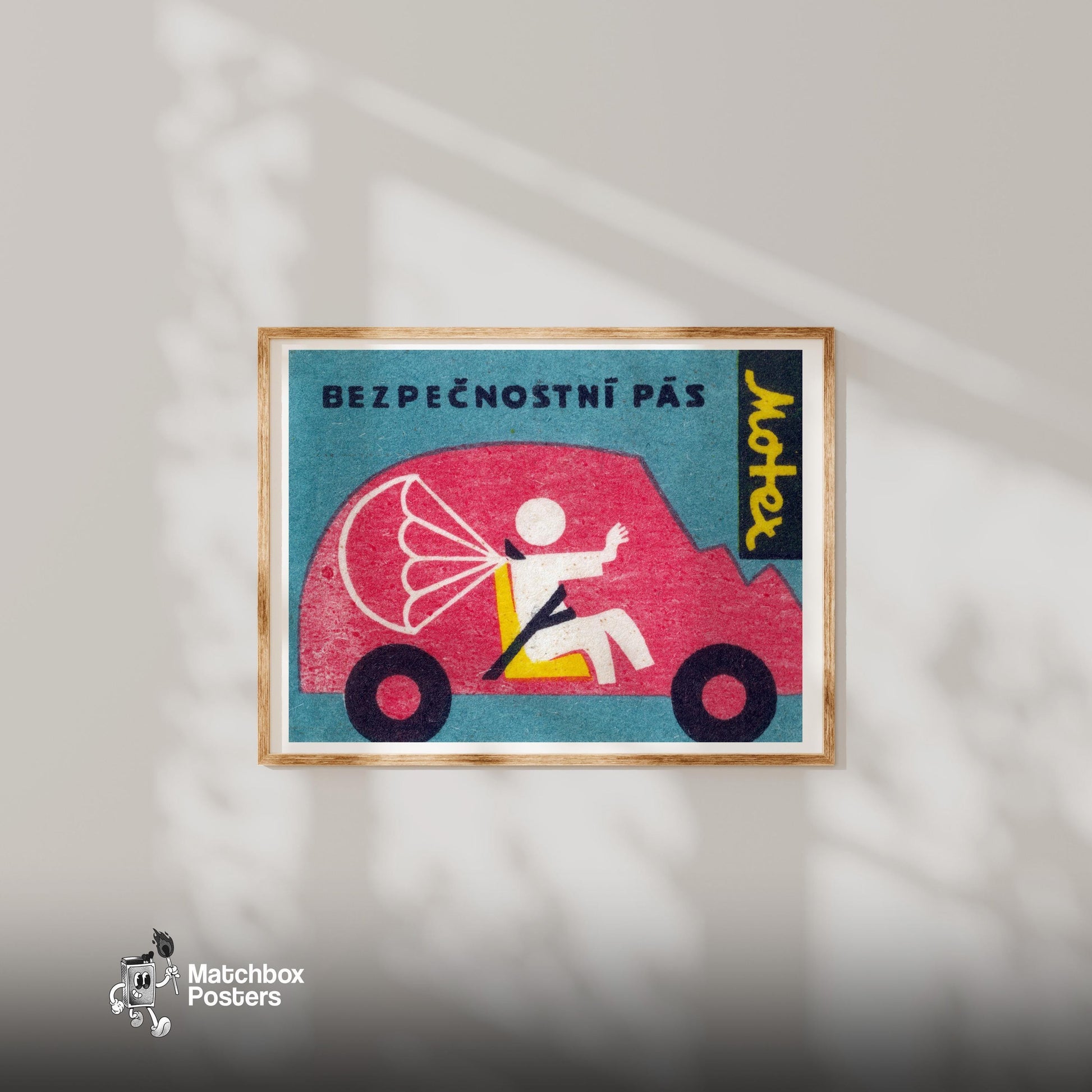 Seatbelt Safety Car - vintage matchbox label print - bedroom mockup