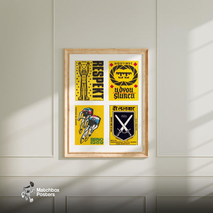 Yellow & Blacks Grid Print - vintage matchbox label print - living room mockup