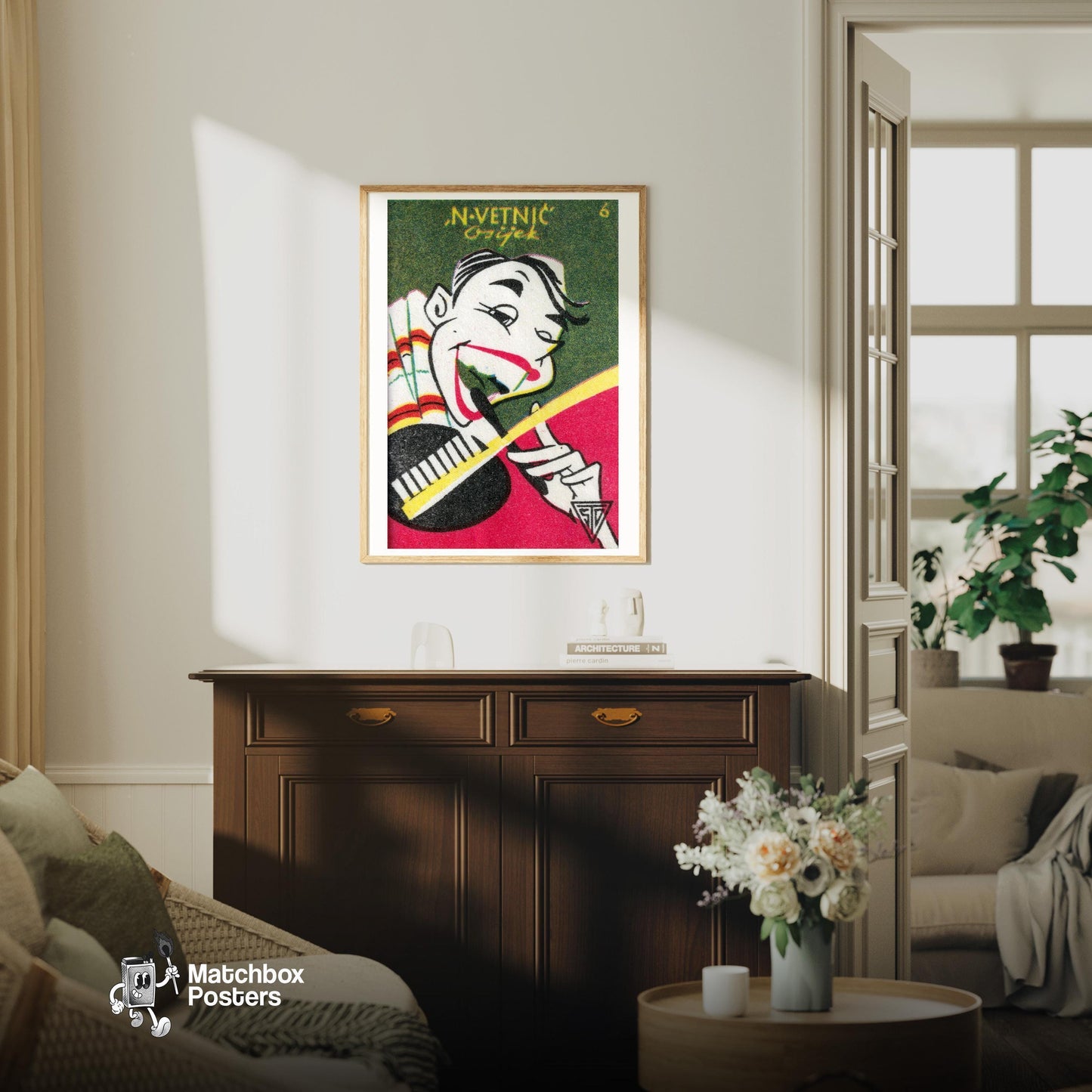Brushing Teeth - vintage matchbox label print - living room mockup
