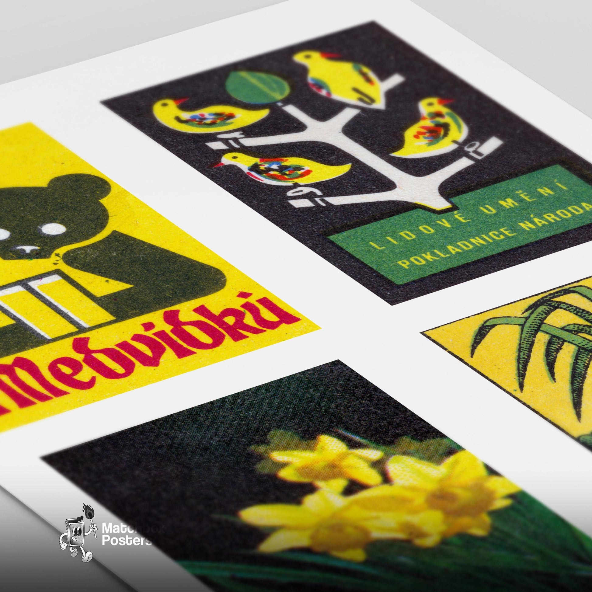 Yellow & Dark Greens Grid Print - vintage matchbox label print - close-up detail