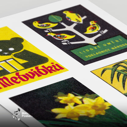 Yellow & Dark Greens Grid Print - vintage matchbox label print - close-up detail