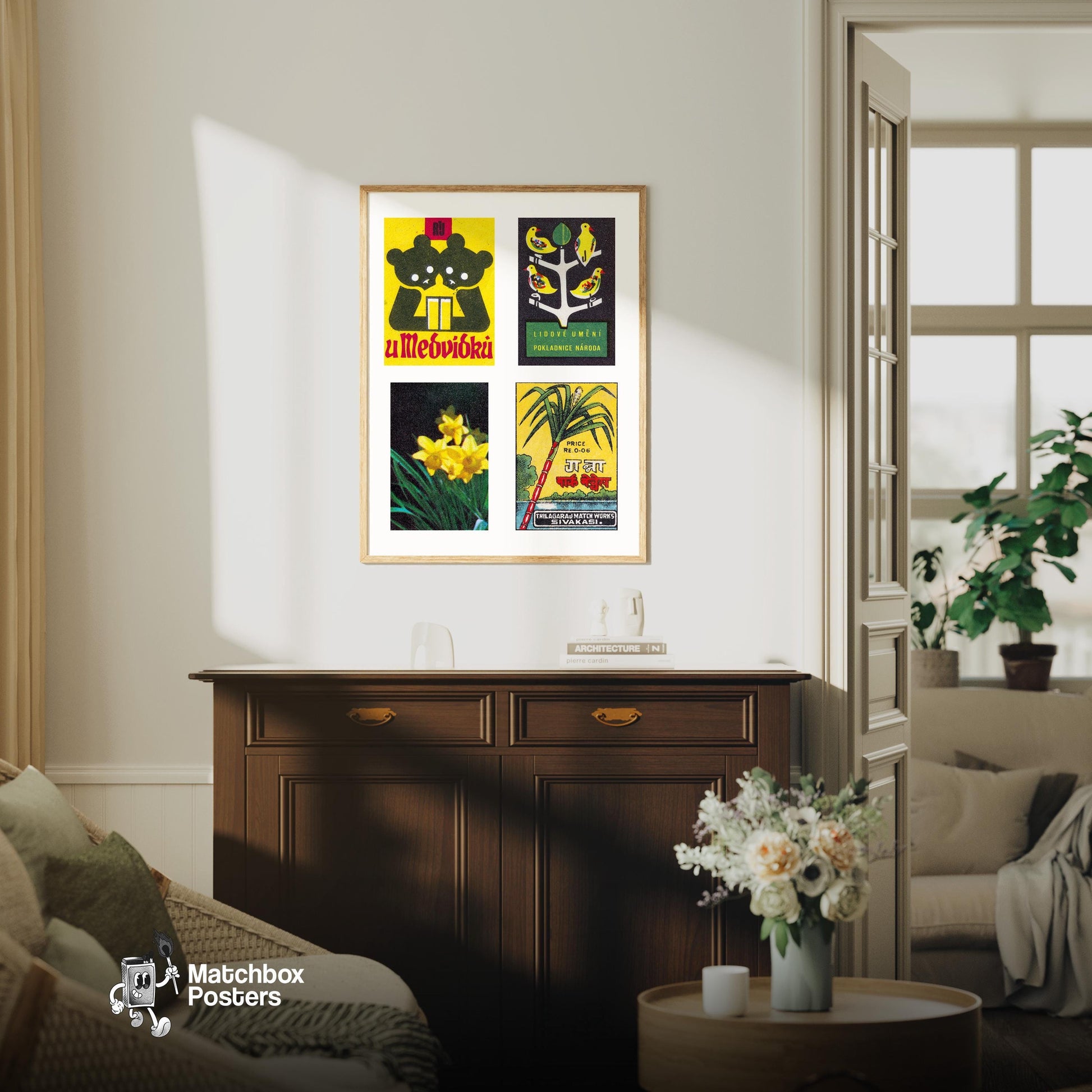 Yellow & Dark Greens Grid Print - vintage matchbox label print - framed wall art preview