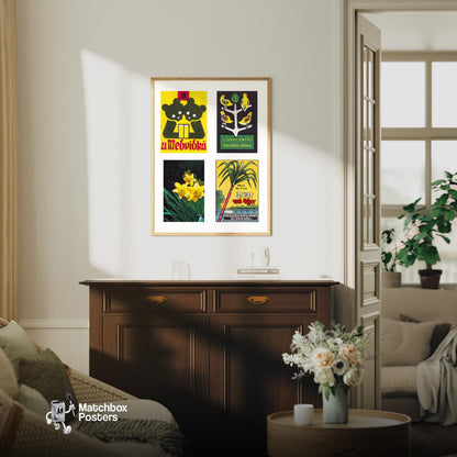 Yellow & Dark Greens Grid Print - vintage matchbox label print - framed wall art preview