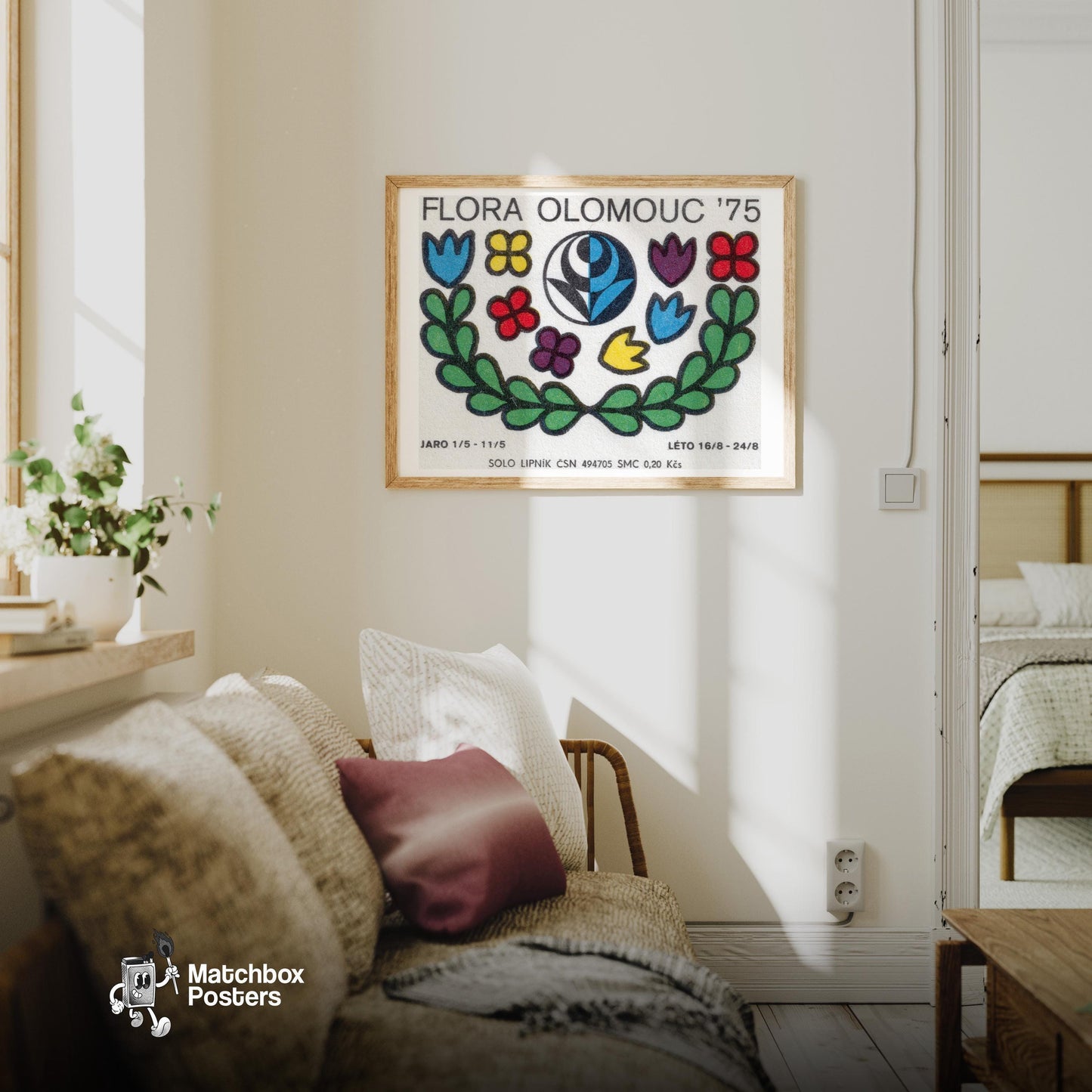 Flower Festival - vintage matchbox label print - living room mockup