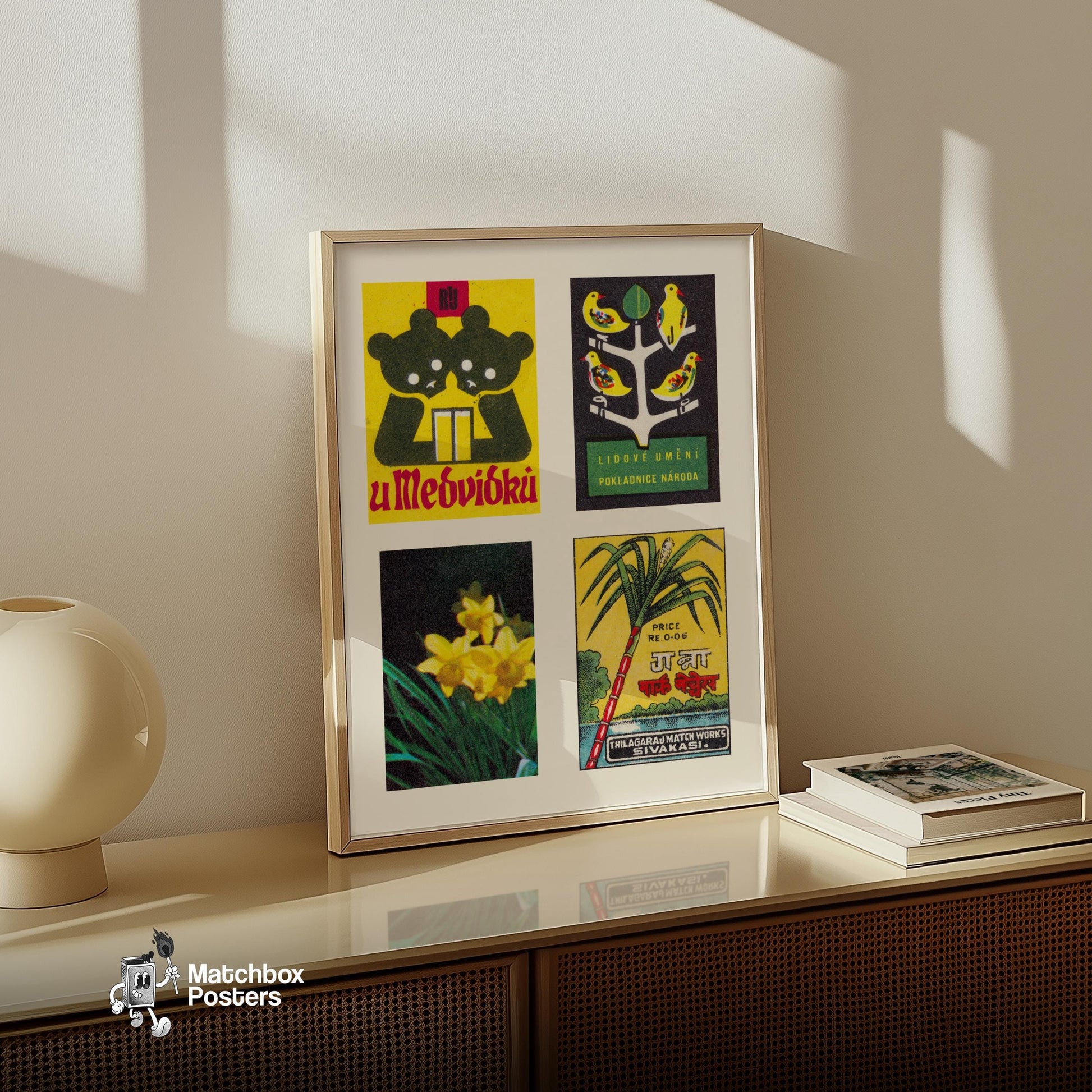 Yellow & Dark Greens Grid Print - vintage matchbox label print - bedroom mockup