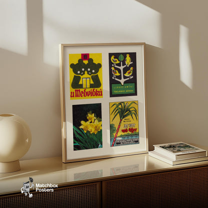 Yellow & Dark Greens Grid Print - vintage matchbox label print - bedroom mockup