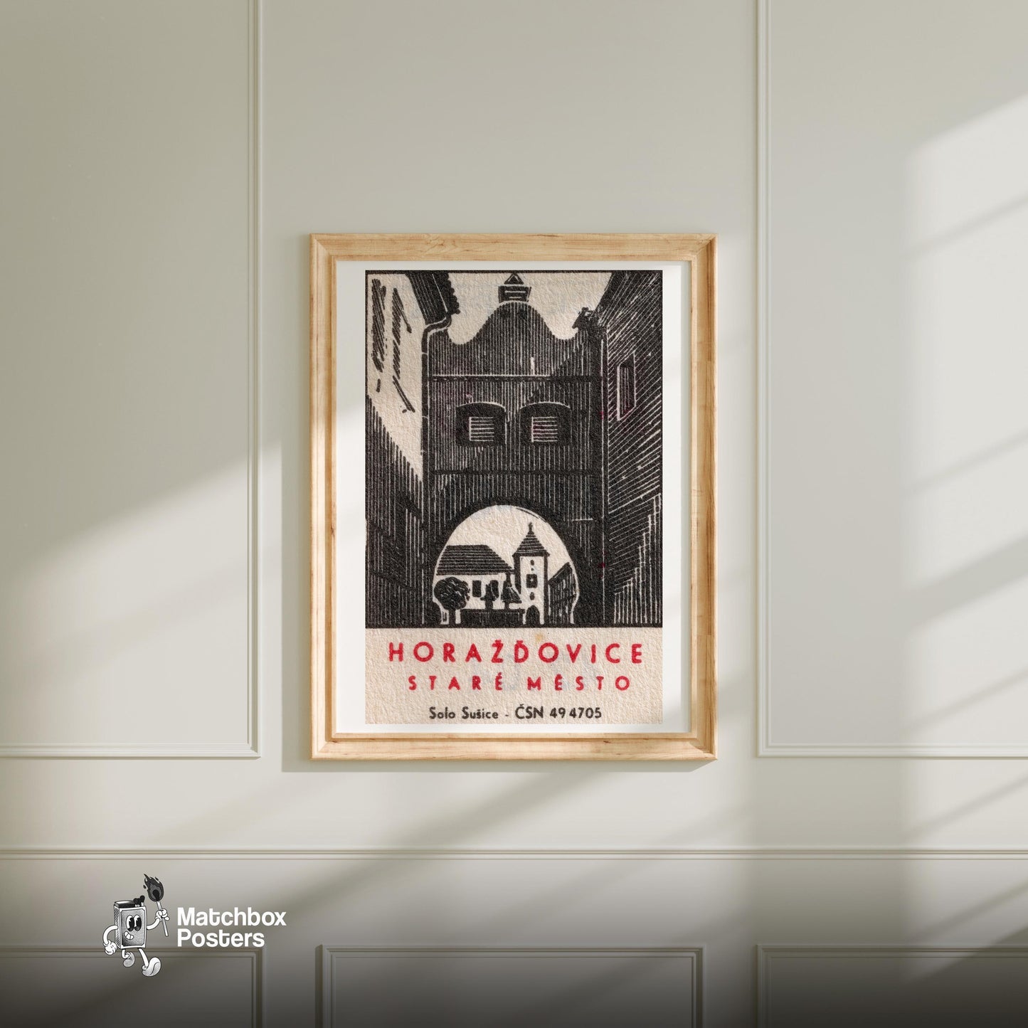 Horazdovice Old Town - vintage matchbox label print - bedroom mockup