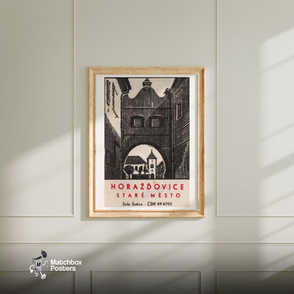 Horazdovice Old Town - vintage matchbox label print - bedroom mockup