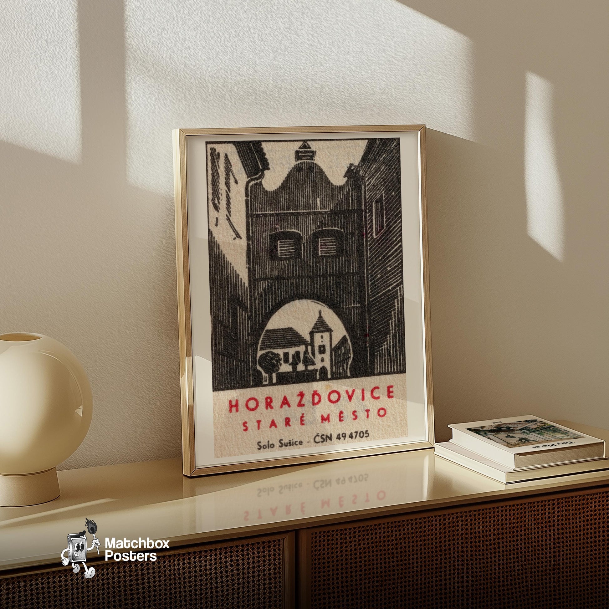 Horazdovice Old Town - vintage matchbox label print - size comparison